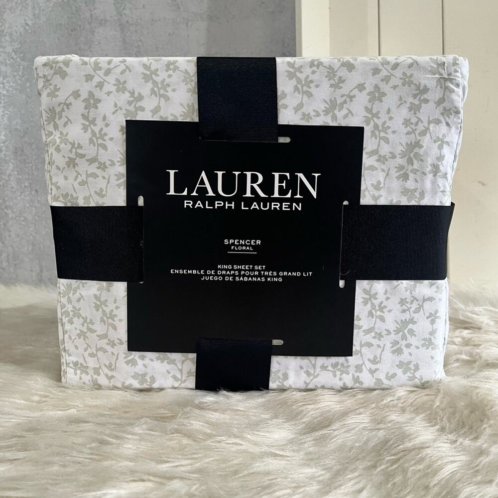 New LRL Ralph Lauren Spencer Floral Sage King Size Cotton Sateen Bedding Sheets
